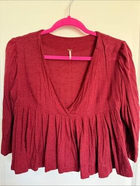 Free People Burgundy Cropped V-Neck Peplum Tunic Top